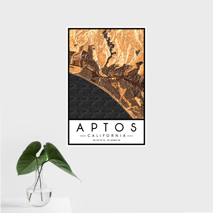 16x24 Aptos California Map Print Portrait Orientation in Ember Style With Tropical Plant Leaves in Water