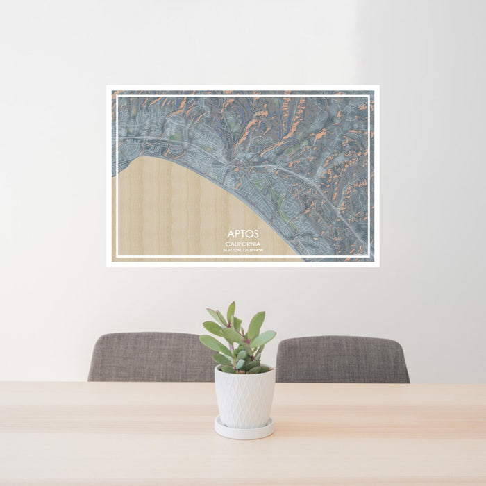 24x36 Aptos California Map Print Lanscape Orientation in Afternoon Style Behind 2 Chairs Table and Potted Plant