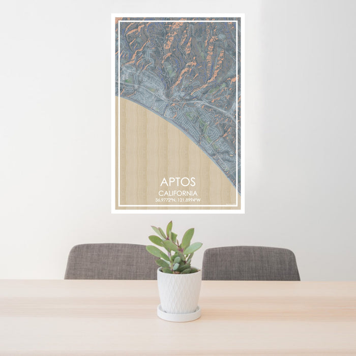 24x36 Aptos California Map Print Portrait Orientation in Afternoon Style Behind 2 Chairs Table and Potted Plant