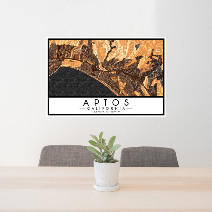 24x36 Aptos California Map Print Lanscape Orientation in Ember Style Behind 2 Chairs Table and Potted Plant