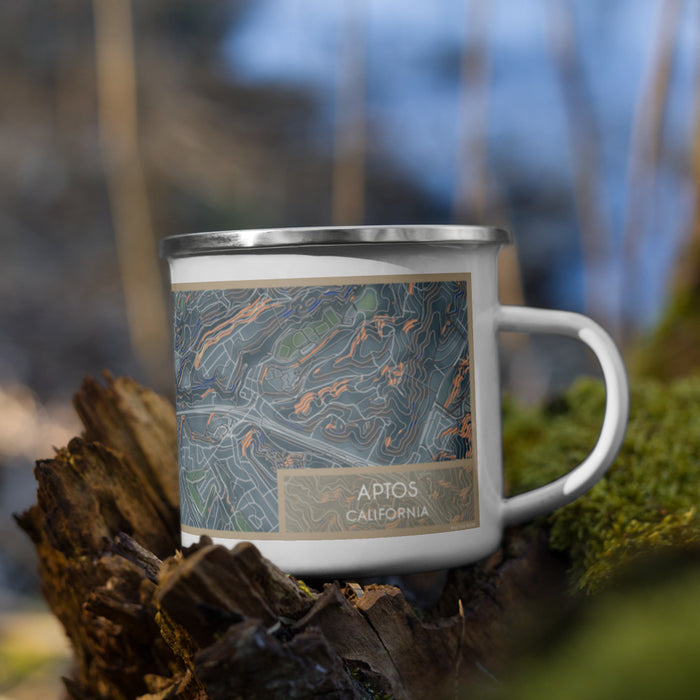 Right View Custom Aptos California Map Enamel Mug in Afternoon on Grass With Trees in Background