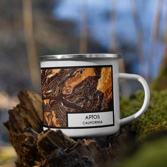 Right View Custom Aptos California Map Enamel Mug in Ember on Grass With Trees in Background