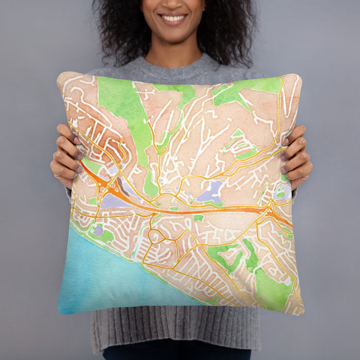 Person holding 18x18 Custom Aptos California Map Throw Pillow in Watercolor