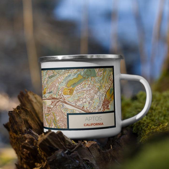 Right View Custom Aptos California Map Enamel Mug in Woodblock on Grass With Trees in Background