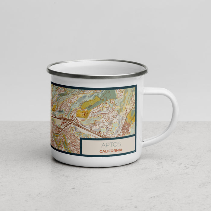 Right View Custom Aptos California Map Enamel Mug in Woodblock