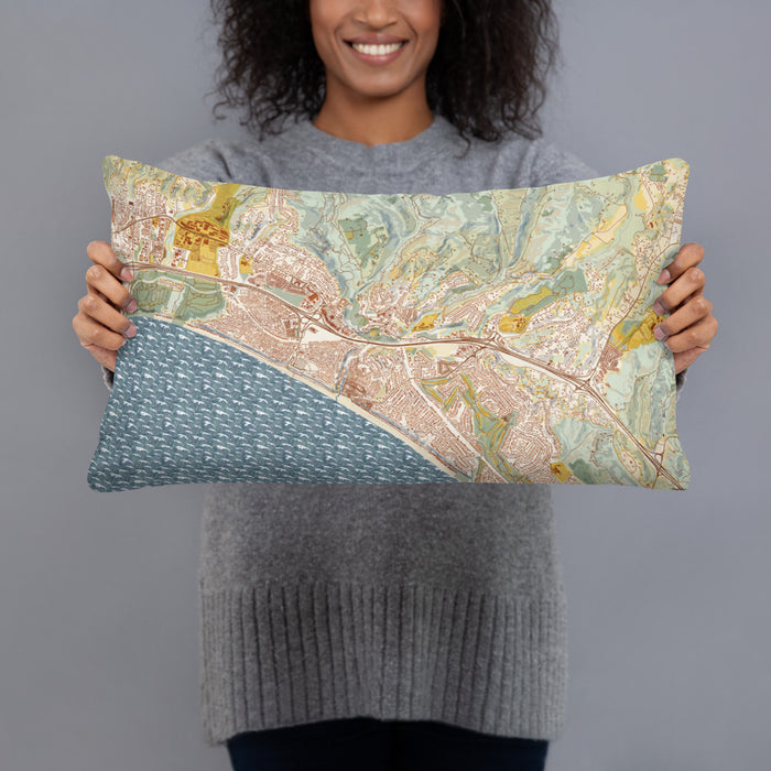 Person holding 20x12 Custom Aptos California Map Throw Pillow in Woodblock