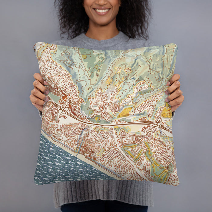 Person holding 18x18 Custom Aptos California Map Throw Pillow in Woodblock