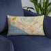 Custom Aptos California Map Throw Pillow in Woodblock on Blue Colored Chair