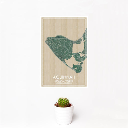 12x18 AQUINNAH Massachusetts Map Print Portrait Orientation in Afternoon Style With Small Cactus Plant in White Planter