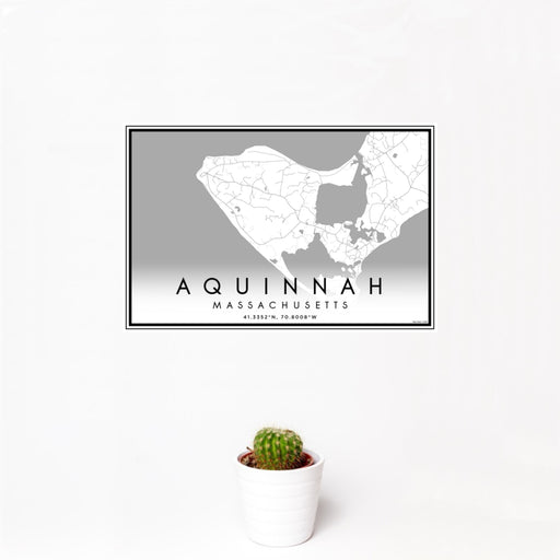 12x18 Aquinnah Massachusetts Map Print Landscape Orientation in Classic Style With Small Cactus Plant in White Planter