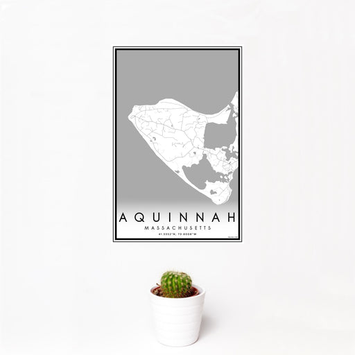 12x18 Aquinnah Massachusetts Map Print Portrait Orientation in Classic Style With Small Cactus Plant in White Planter