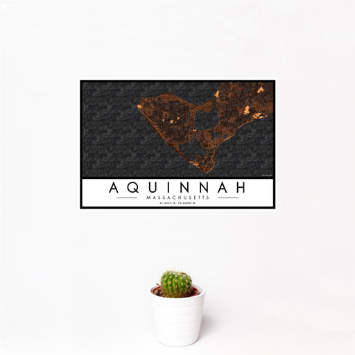 12x18 Aquinnah Massachusetts Map Print Landscape Orientation in Ember Style With Small Cactus Plant in White Planter