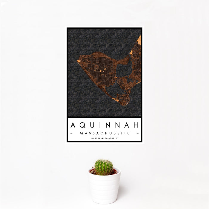 12x18 Aquinnah Massachusetts Map Print Portrait Orientation in Ember Style With Small Cactus Plant in White Planter