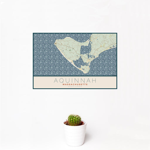 12x18 Aquinnah Massachusetts Map Print Landscape Orientation in Woodblock Style With Small Cactus Plant in White Planter