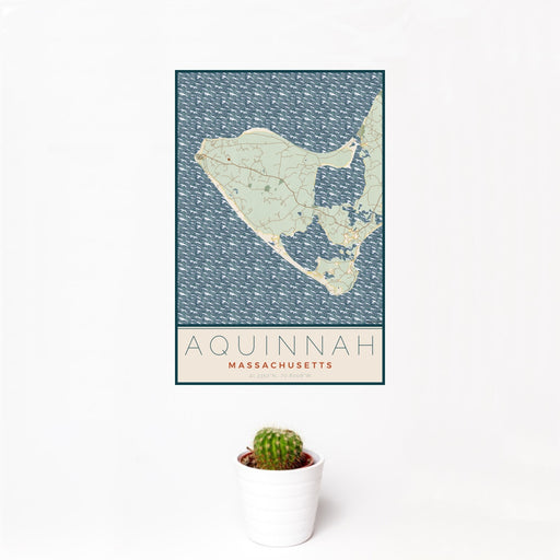 12x18 Aquinnah Massachusetts Map Print Portrait Orientation in Woodblock Style With Small Cactus Plant in White Planter