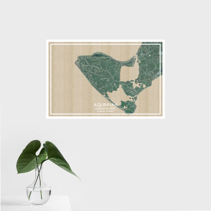 16x24 AQUINNAH Massachusetts Map Print Landscape Orientation in Afternoon Style With Tropical Plant Leaves in Water
