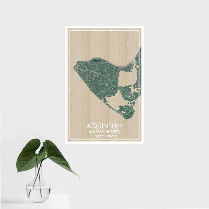 16x24 AQUINNAH Massachusetts Map Print Portrait Orientation in Afternoon Style With Tropical Plant Leaves in Water