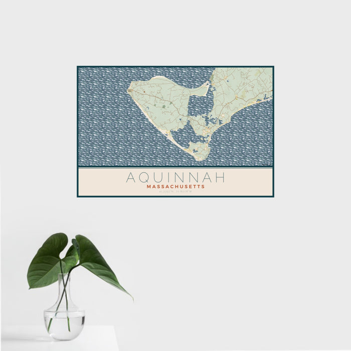 16x24 Aquinnah Massachusetts Map Print Landscape Orientation in Woodblock Style With Tropical Plant Leaves in Water