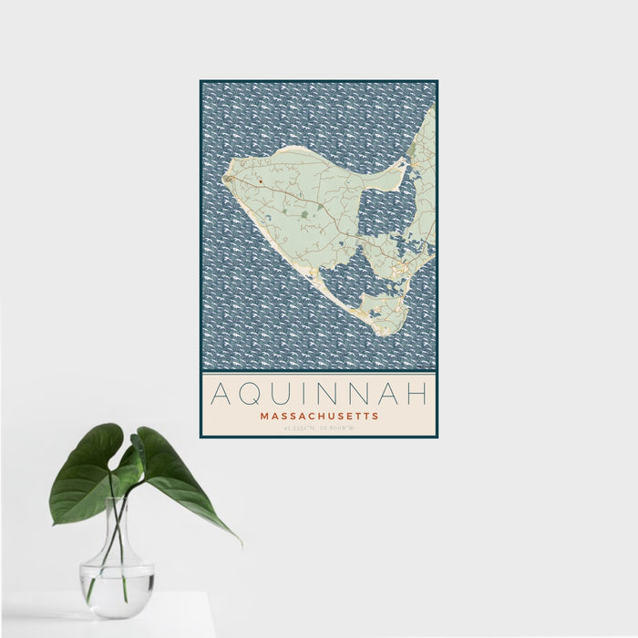 16x24 Aquinnah Massachusetts Map Print Portrait Orientation in Woodblock Style With Tropical Plant Leaves in Water