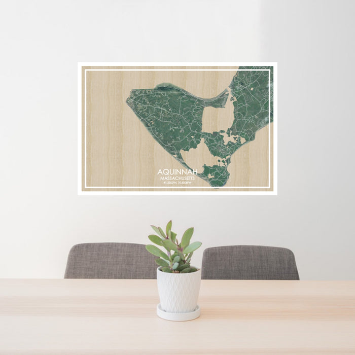 24x36 AQUINNAH Massachusetts Map Print Lanscape Orientation in Afternoon Style Behind 2 Chairs Table and Potted Plant