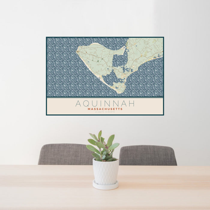 24x36 Aquinnah Massachusetts Map Print Lanscape Orientation in Woodblock Style Behind 2 Chairs Table and Potted Plant