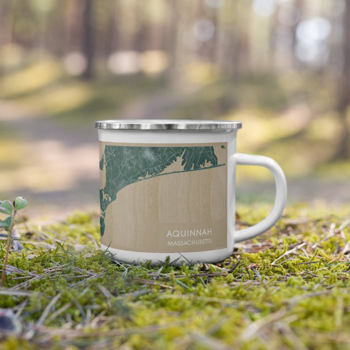 Right View Custom Aquinnah Massachusetts Map Enamel Mug in Afternoon on Grass With Trees in Background