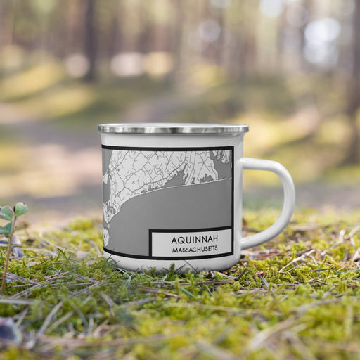 Right View Custom Aquinnah Massachusetts Map Enamel Mug in Classic on Grass With Trees in Background