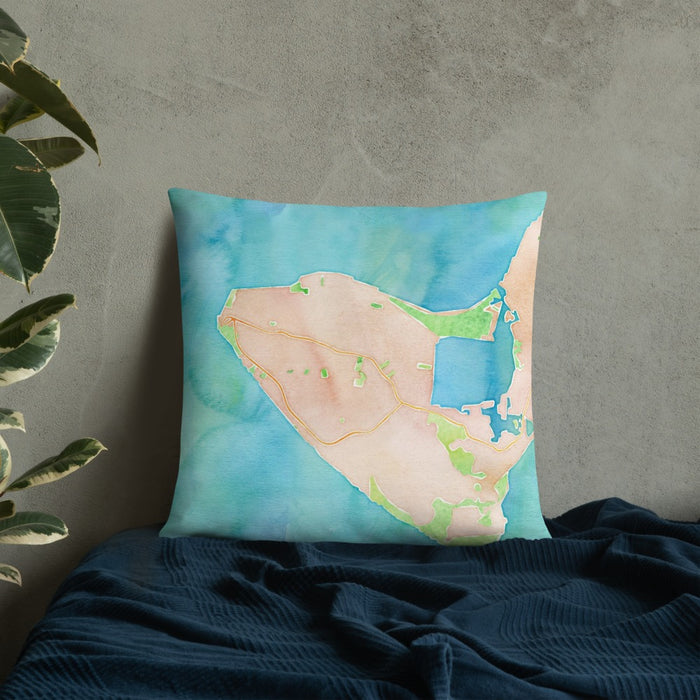 Custom Aquinnah Massachusetts Map Throw Pillow in Watercolor on Bedding Against Wall
