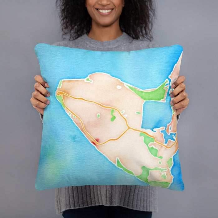 Person holding 18x18 Custom Aquinnah Massachusetts Map Throw Pillow in Watercolor