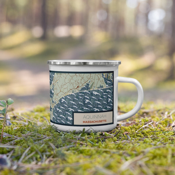 Right View Custom Aquinnah Massachusetts Map Enamel Mug in Woodblock on Grass With Trees in Background