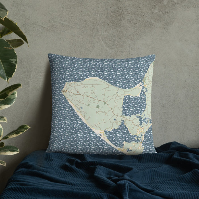 Custom Aquinnah Massachusetts Map Throw Pillow in Woodblock on Bedding Against Wall