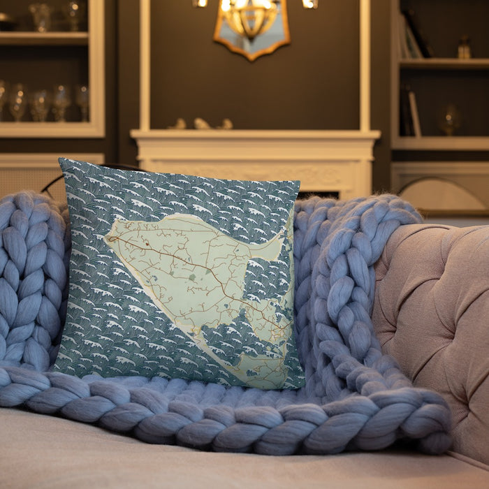Custom Aquinnah Massachusetts Map Throw Pillow in Woodblock on Cream Colored Couch