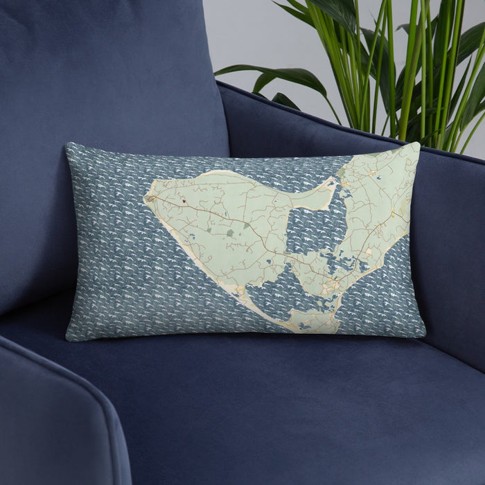 Custom Aquinnah Massachusetts Map Throw Pillow in Woodblock on Blue Colored Chair