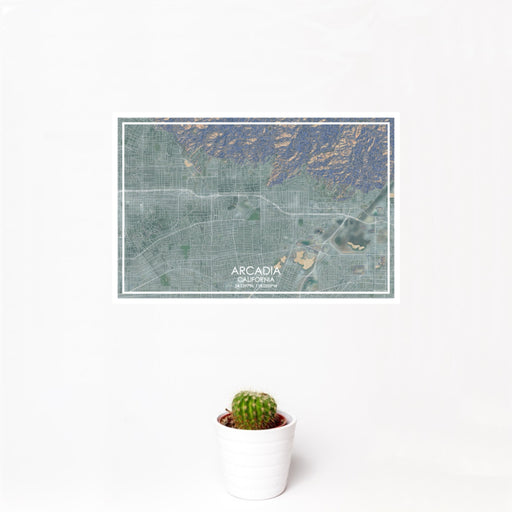 12x18 Arcadia California Map Print Landscape Orientation in Afternoon Style With Small Cactus Plant in White Planter