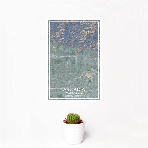 12x18 Arcadia California Map Print Portrait Orientation in Afternoon Style With Small Cactus Plant in White Planter