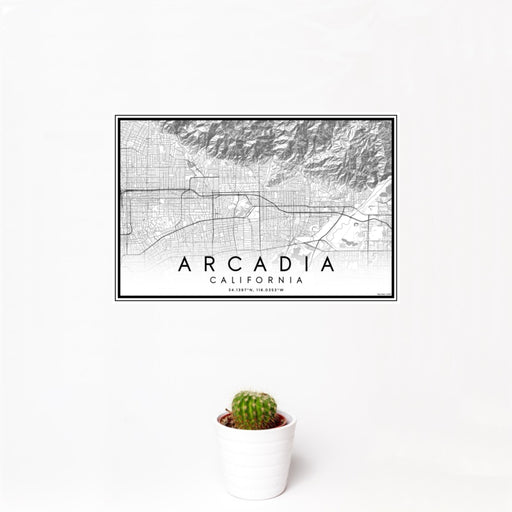 12x18 Arcadia California Map Print Landscape Orientation in Classic Style With Small Cactus Plant in White Planter