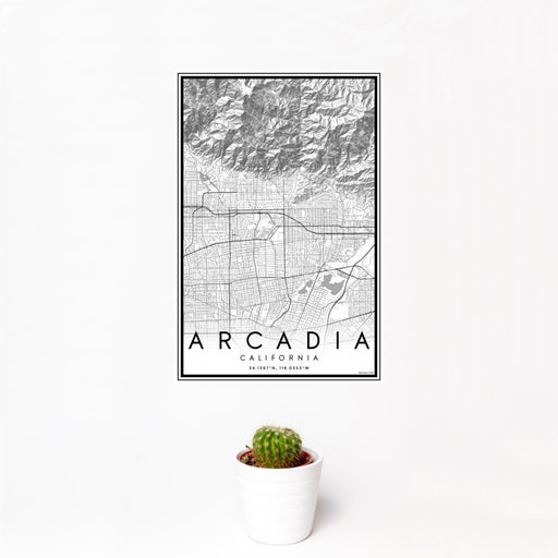12x18 Arcadia California Map Print Portrait Orientation in Classic Style With Small Cactus Plant in White Planter