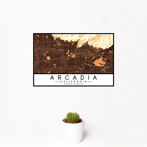 12x18 Arcadia California Map Print Landscape Orientation in Ember Style With Small Cactus Plant in White Planter