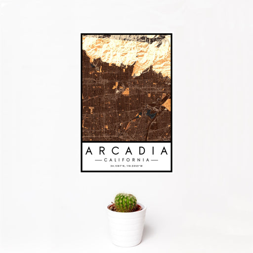 12x18 Arcadia California Map Print Portrait Orientation in Ember Style With Small Cactus Plant in White Planter