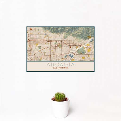 12x18 Arcadia California Map Print Landscape Orientation in Woodblock Style With Small Cactus Plant in White Planter