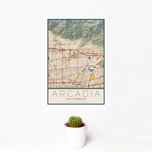 12x18 Arcadia California Map Print Portrait Orientation in Woodblock Style With Small Cactus Plant in White Planter