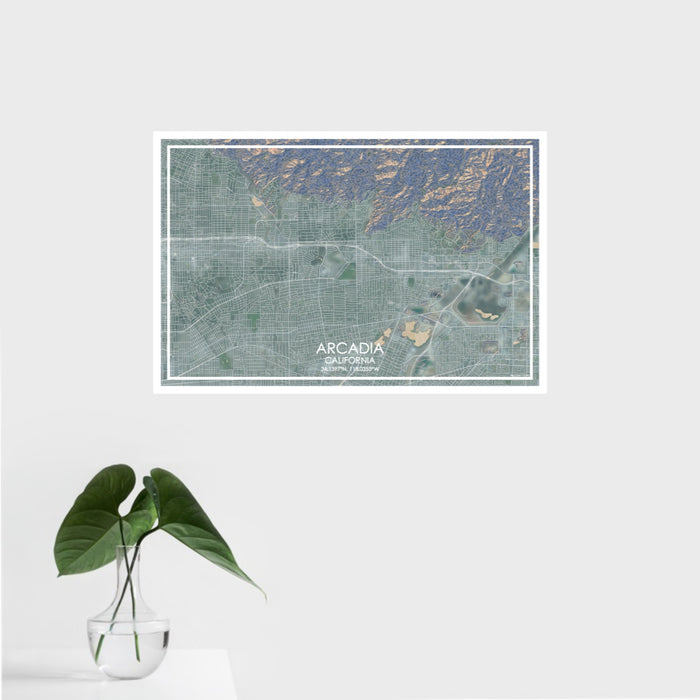 16x24 Arcadia California Map Print Landscape Orientation in Afternoon Style With Tropical Plant Leaves in Water