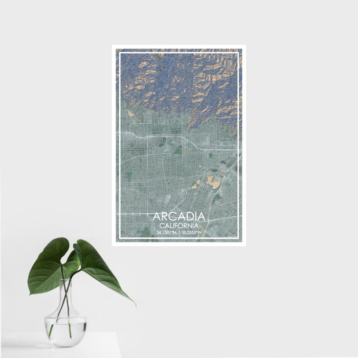 16x24 Arcadia California Map Print Portrait Orientation in Afternoon Style With Tropical Plant Leaves in Water
