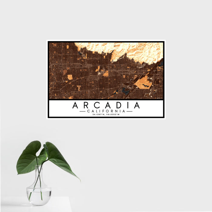 16x24 Arcadia California Map Print Landscape Orientation in Ember Style With Tropical Plant Leaves in Water