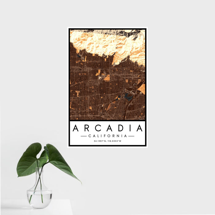 16x24 Arcadia California Map Print Portrait Orientation in Ember Style With Tropical Plant Leaves in Water