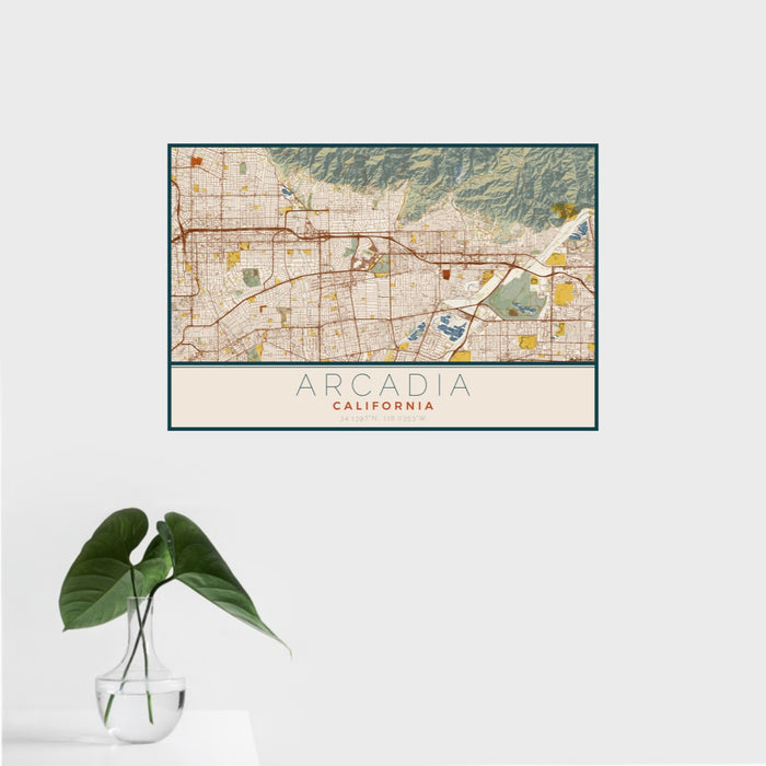 16x24 Arcadia California Map Print Landscape Orientation in Woodblock Style With Tropical Plant Leaves in Water