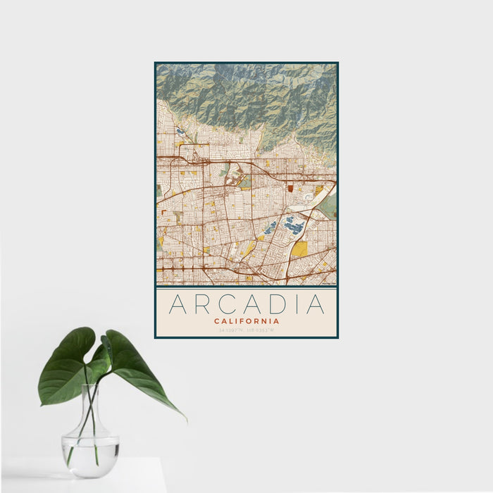 16x24 Arcadia California Map Print Portrait Orientation in Woodblock Style With Tropical Plant Leaves in Water