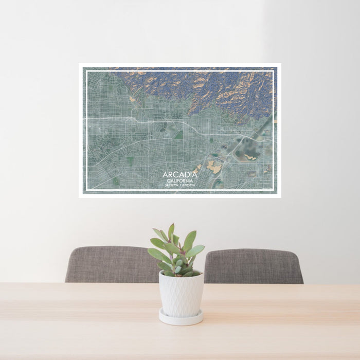 24x36 Arcadia California Map Print Lanscape Orientation in Afternoon Style Behind 2 Chairs Table and Potted Plant