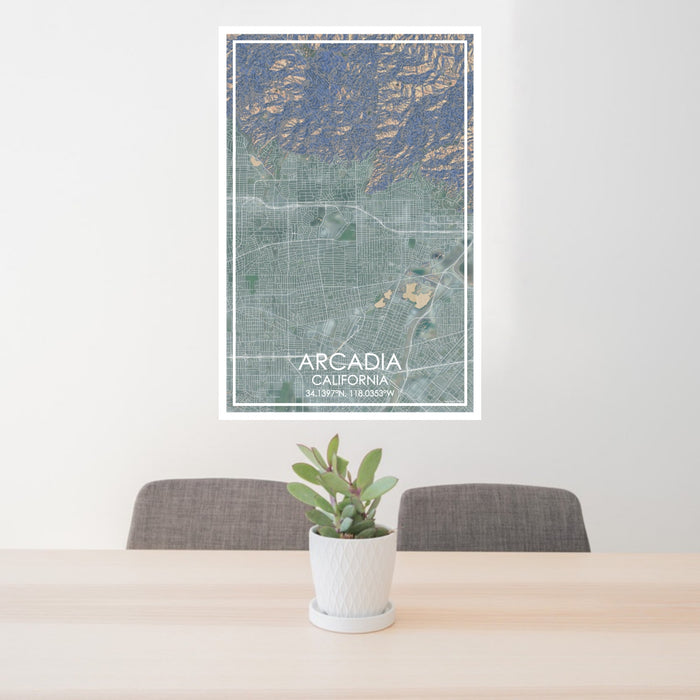 24x36 Arcadia California Map Print Portrait Orientation in Afternoon Style Behind 2 Chairs Table and Potted Plant