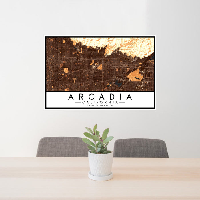 24x36 Arcadia California Map Print Lanscape Orientation in Ember Style Behind 2 Chairs Table and Potted Plant